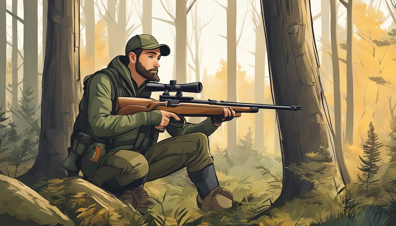 A hunter crouches in a forest, aiming an air gun at a deer. The scene shows a comfortable and efficient hunting setup