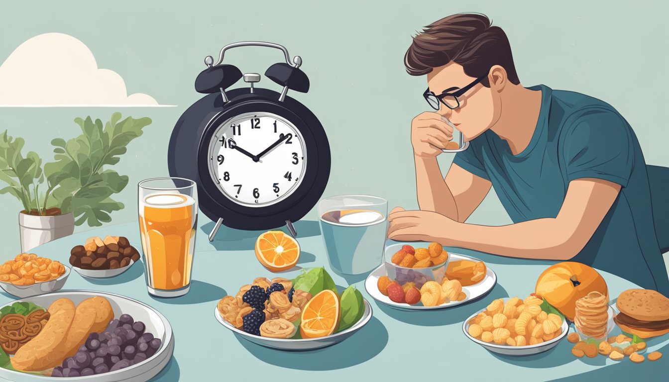 A person sitting at a table with a glass of diet soda, surrounded by healthy snacks and a clock indicating the time of day