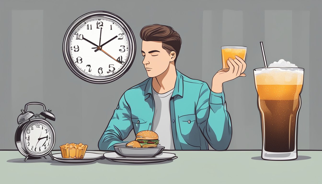 A person holding a glass of diet soda while looking at a clock showing intermittent fasting hours