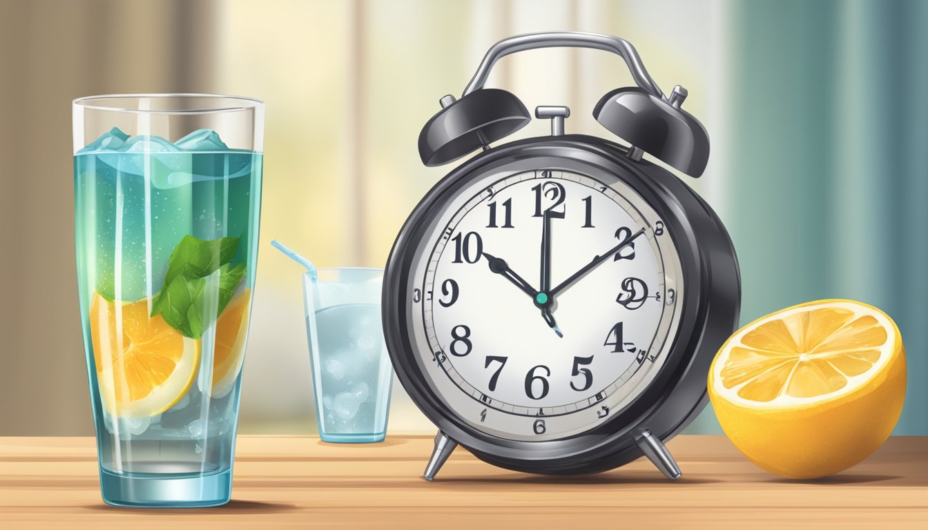 A clock showing a 16-hour fasting window, with a glass of water and a calorie-free beverage next to it