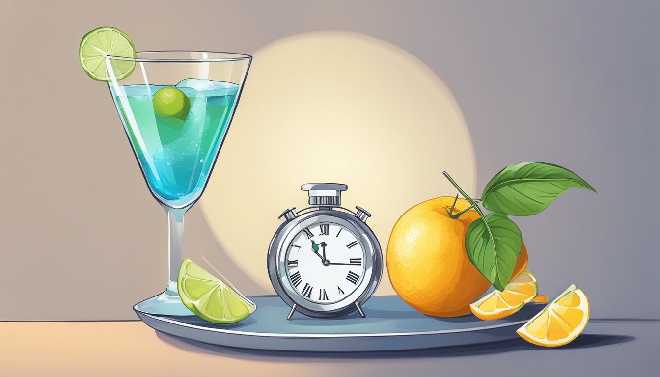 A clock showing the time for fasting and a glass of water next to a cocktail