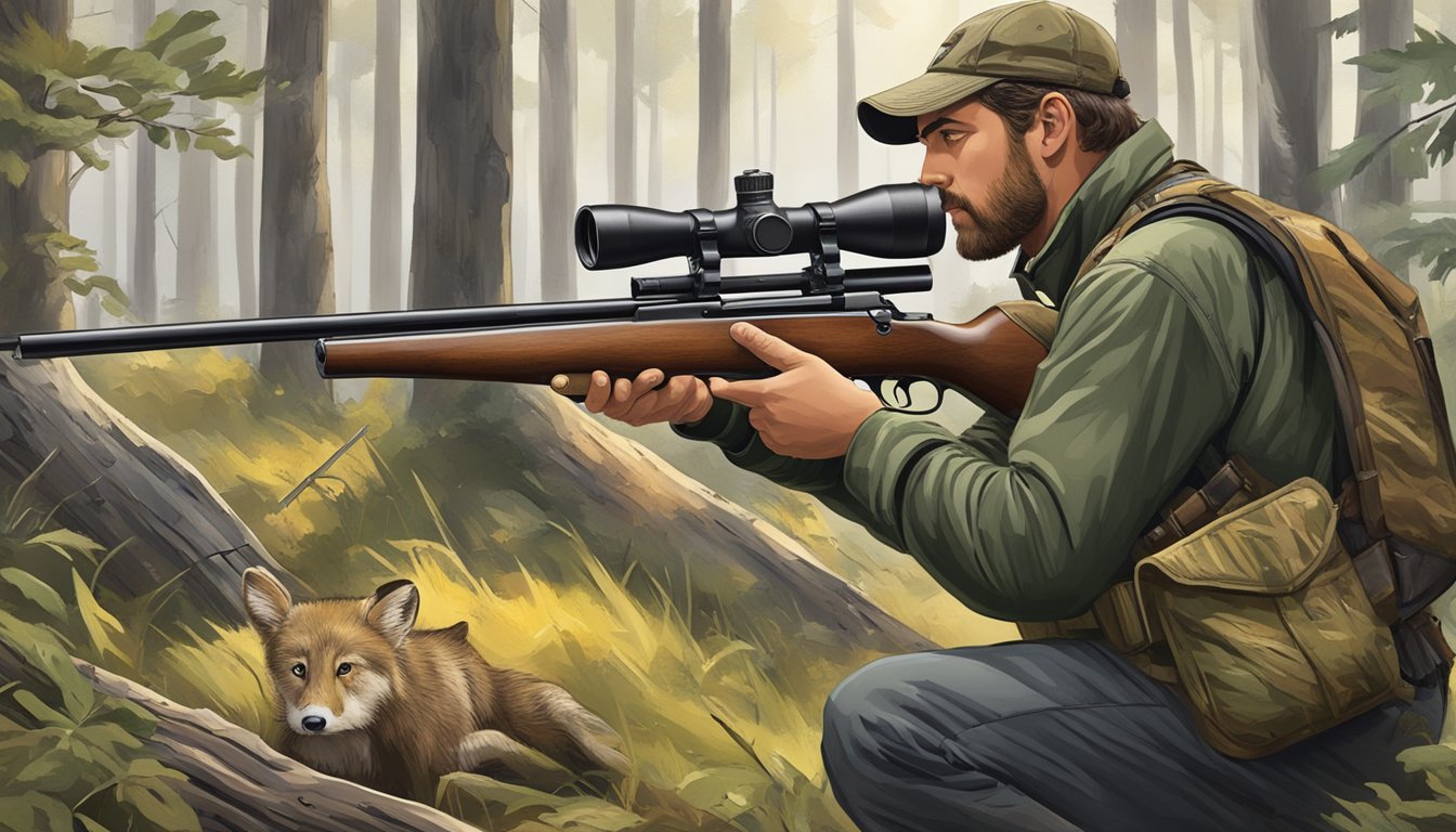 A hunter loads a 223 cartridge into a bolt-action rifle, surrounded by woodland and wildlife