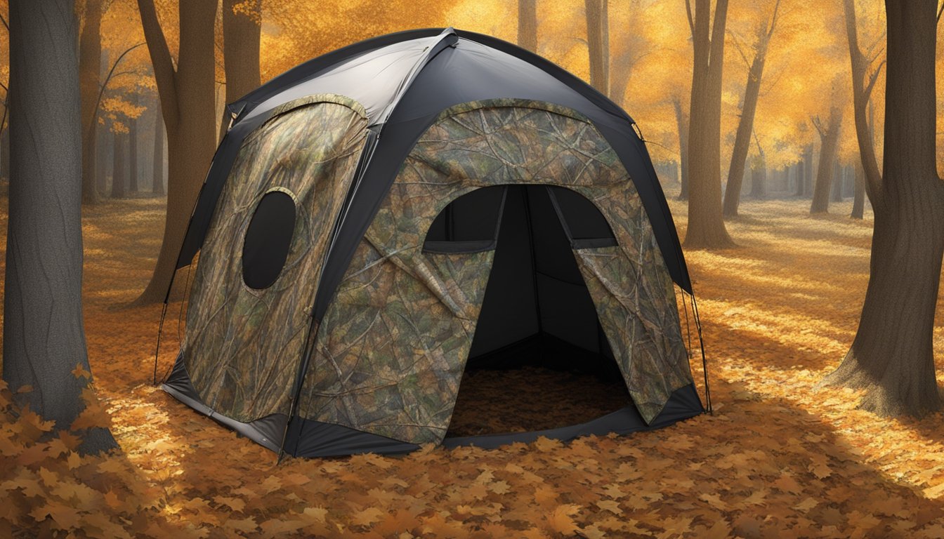 A hunting ground blind stands in a wooded area, surrounded by fallen leaves and branches. The sun casts dappled shadows on the camouflage fabric as the hunter inside adjusts the window flaps for optimal visibility