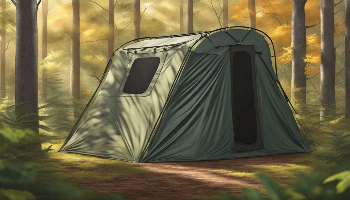 A sturdy ground blind nestled in the forest, surrounded by foliage and with a clear view of the deer trail. A comfortable chair and safety harness are inside