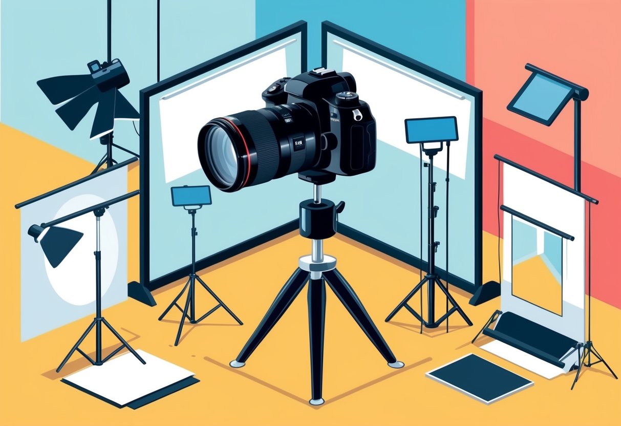 A camera on a tripod in a studio with various lighting equipment and backdrops, showcasing different photography styles and genres