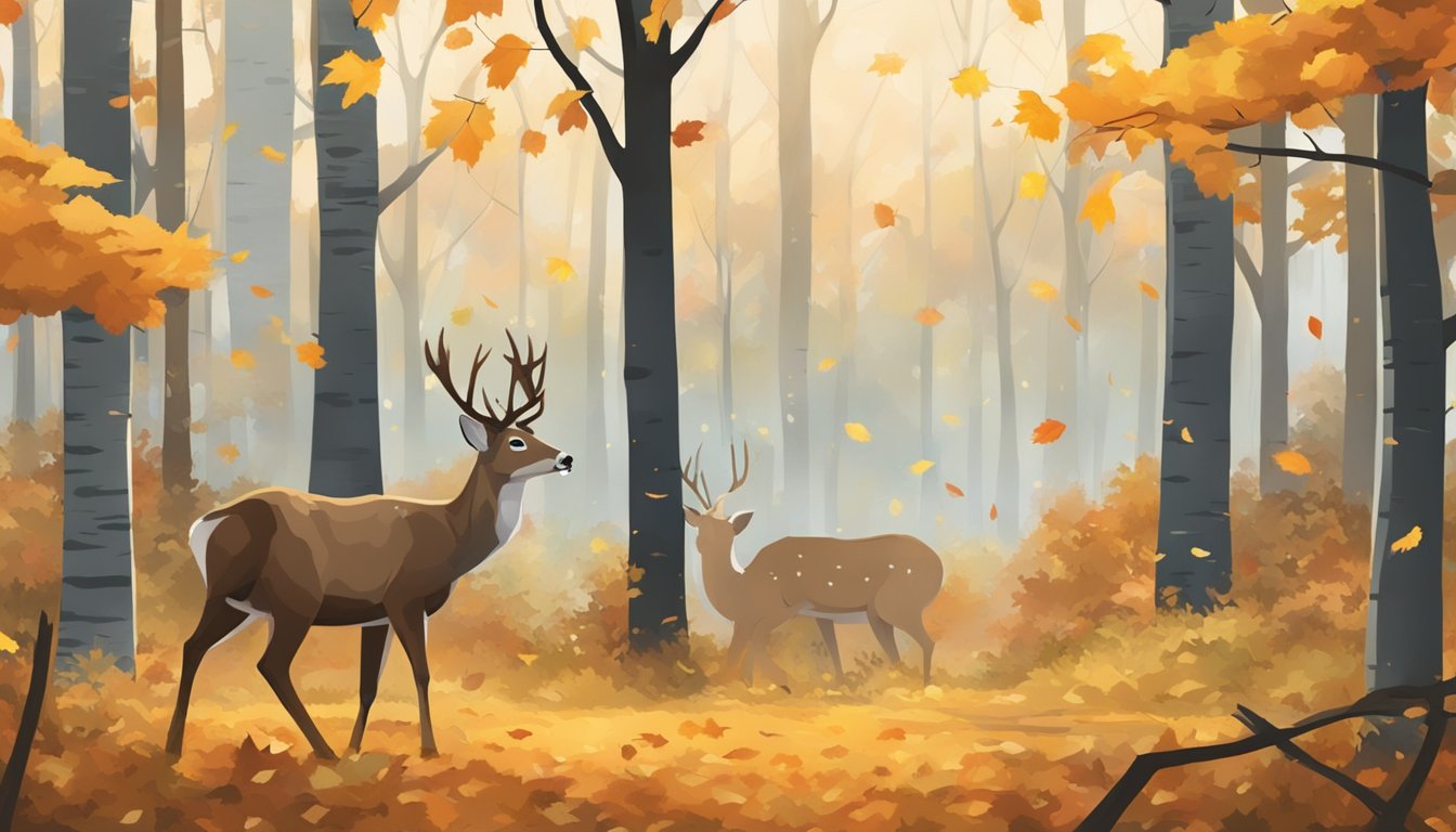 A forest clearing with autumn leaves, a deer grazing, and a calendar showing the end of hunting season