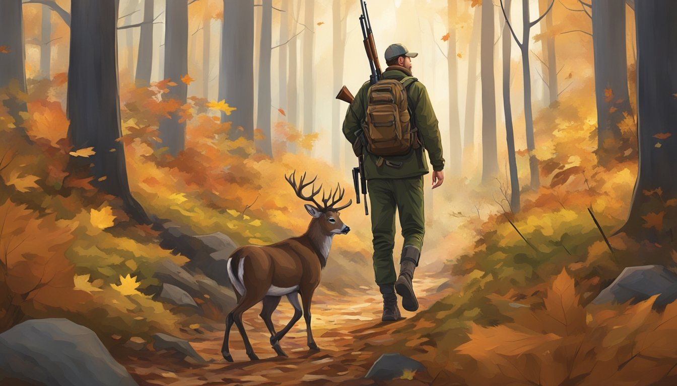 A hunter walking through a forest, rifle in hand, with autumn leaves on the ground and a deer in the distance