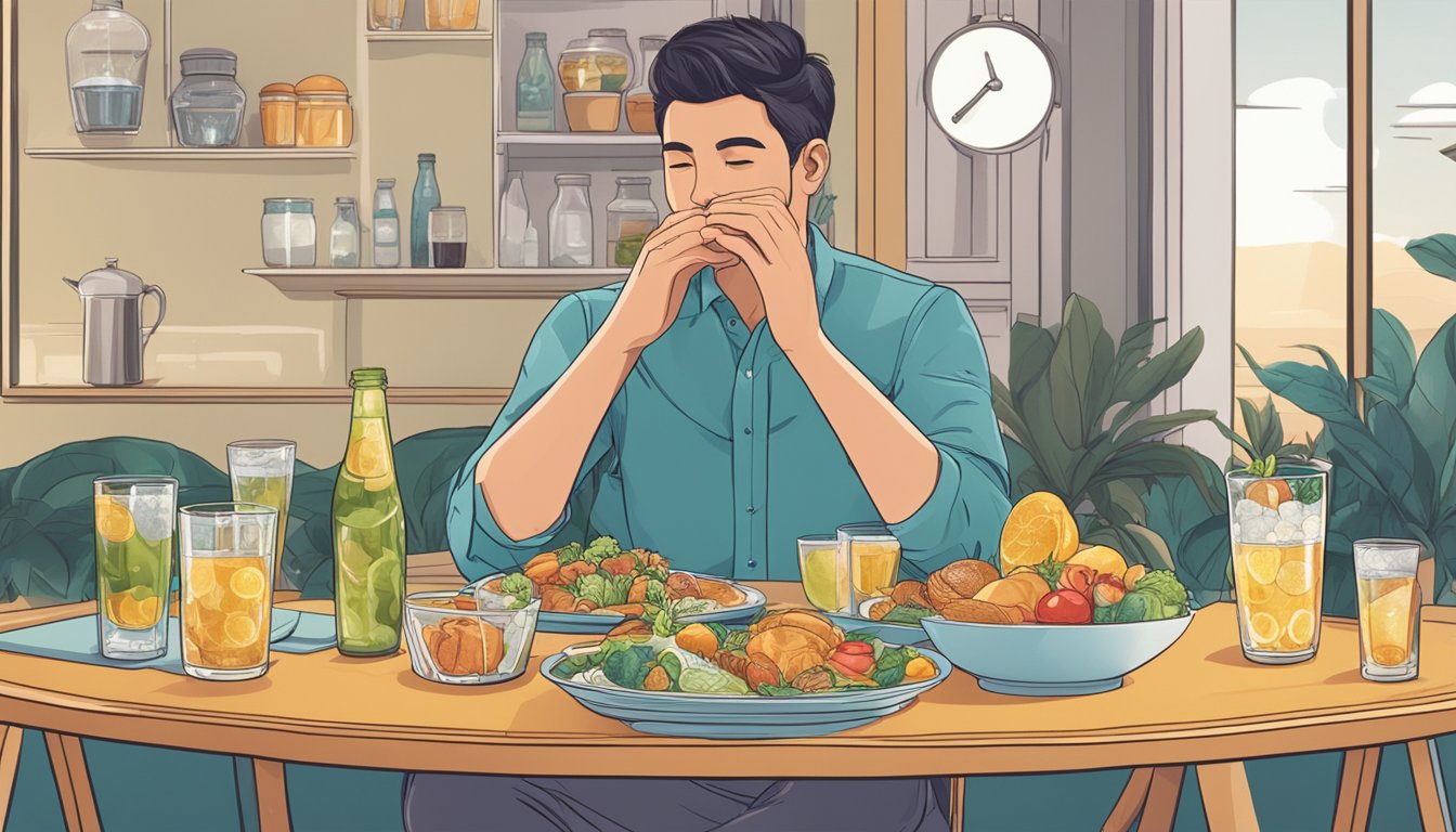 A person sitting at a table with a glass of sparkling water, surrounded by images of prohibited foods during fasting