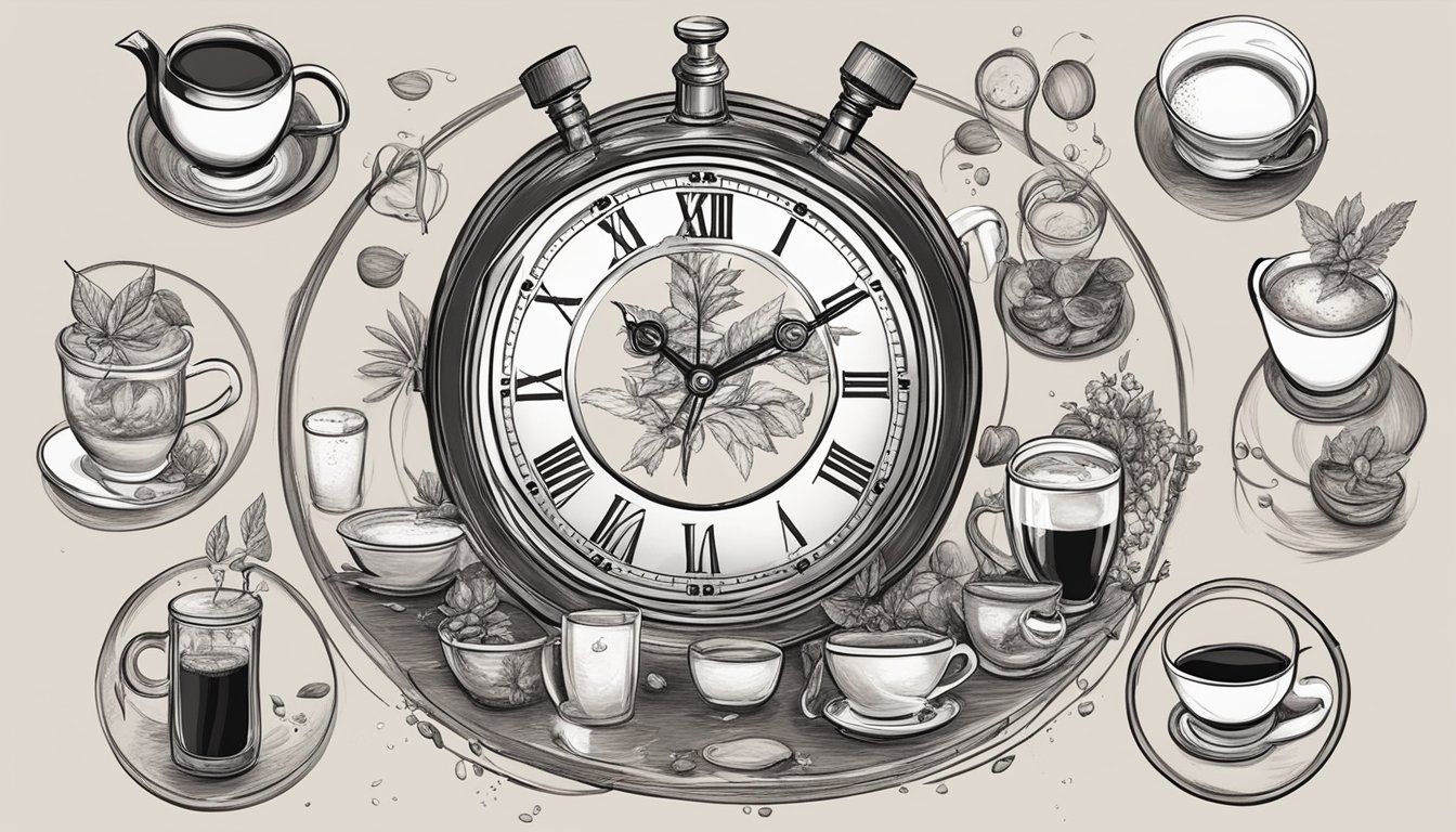 A clock with hands pointing to 6 and 12, surrounded by a variety of drinks including water, black coffee, and herbal tea