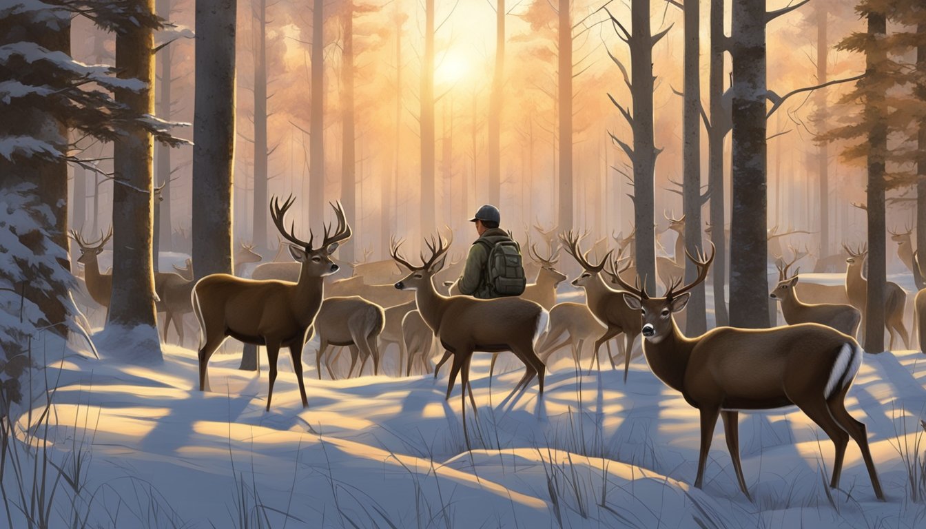 A group of deer grazing in a forest clearing, while hunters pack up their gear as the sun sets on the last day of deer hunting season