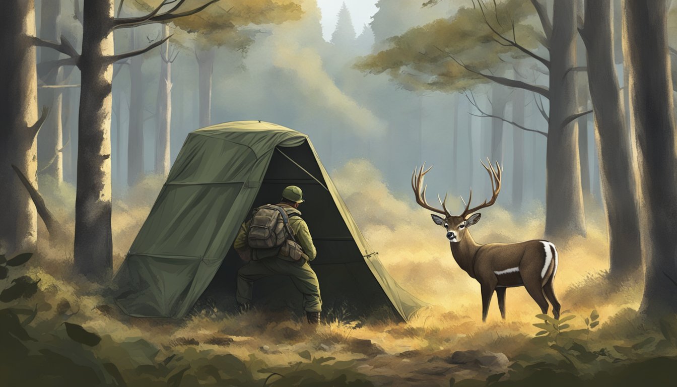 A hunter setting up a camouflage blind in a forest clearing, with a sika deer grazing in the background