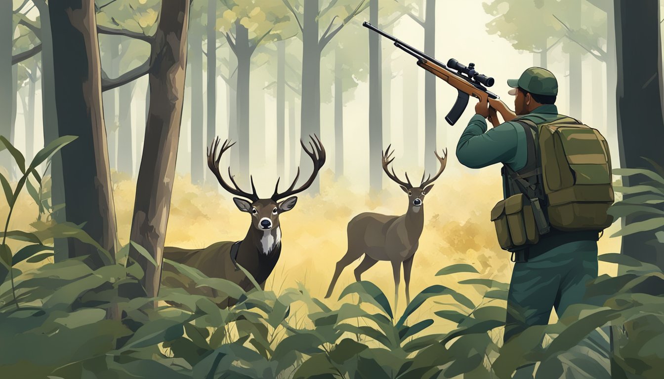 A hunter in camouflage aiming at a deer in a forest clearing, while a wildlife conservation officer watches from a distance