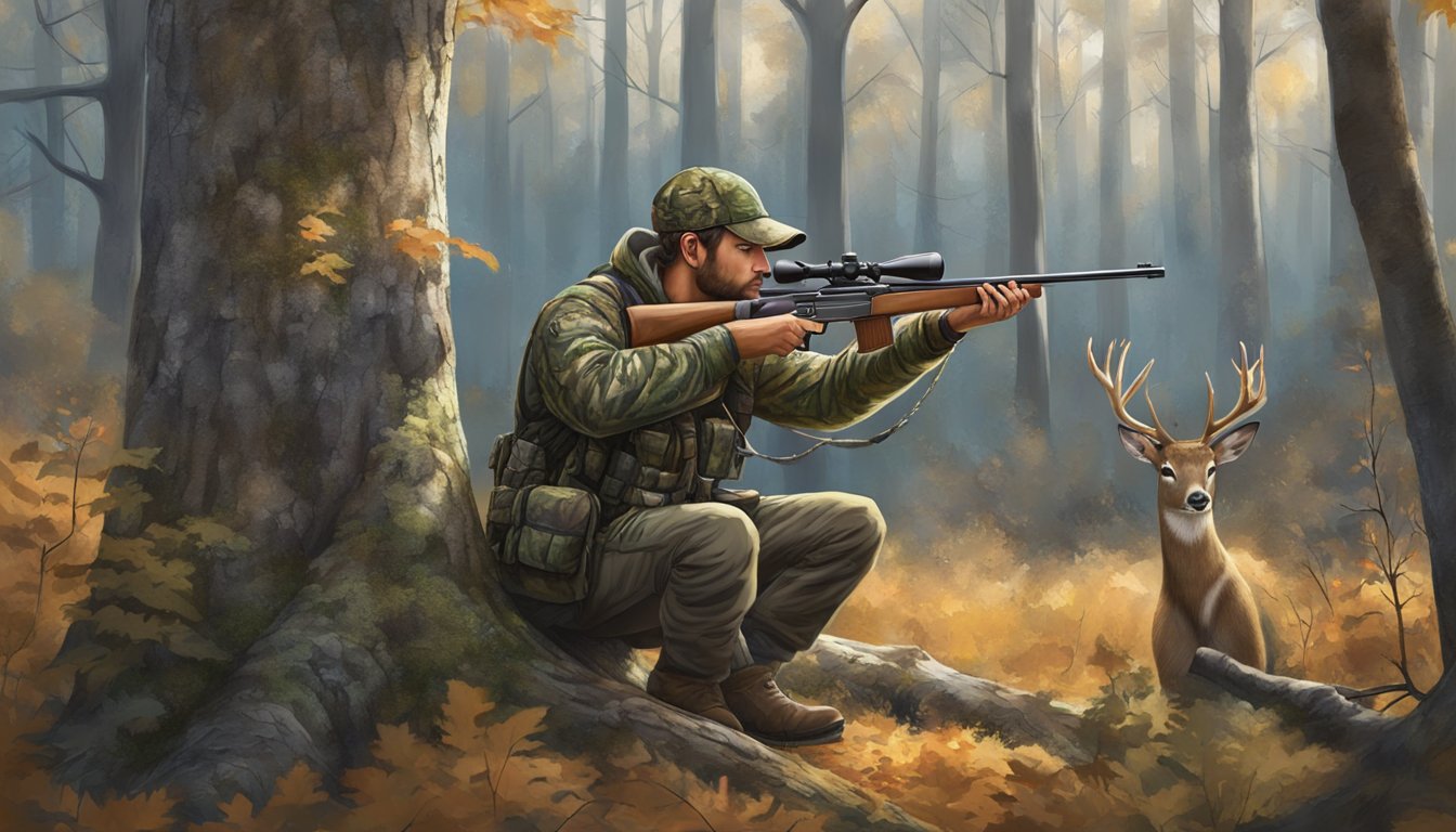 A hunter wearing a camouflaged hat with ear flaps, sitting in a tree stand, aiming a rifle at a deer in a forest clearing