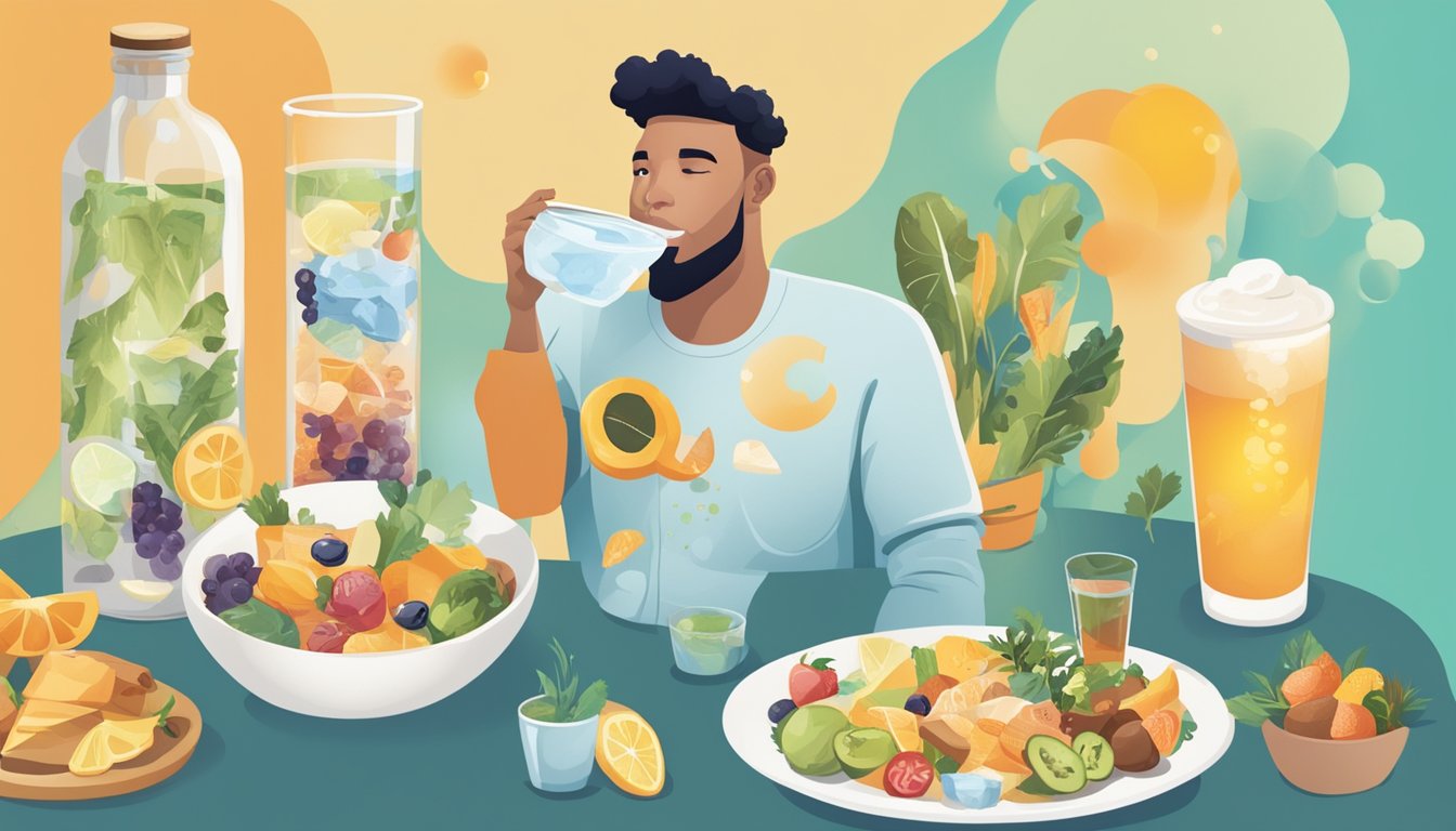 A person holding a glass of water with a question mark above their head, surrounded by various food and drink items