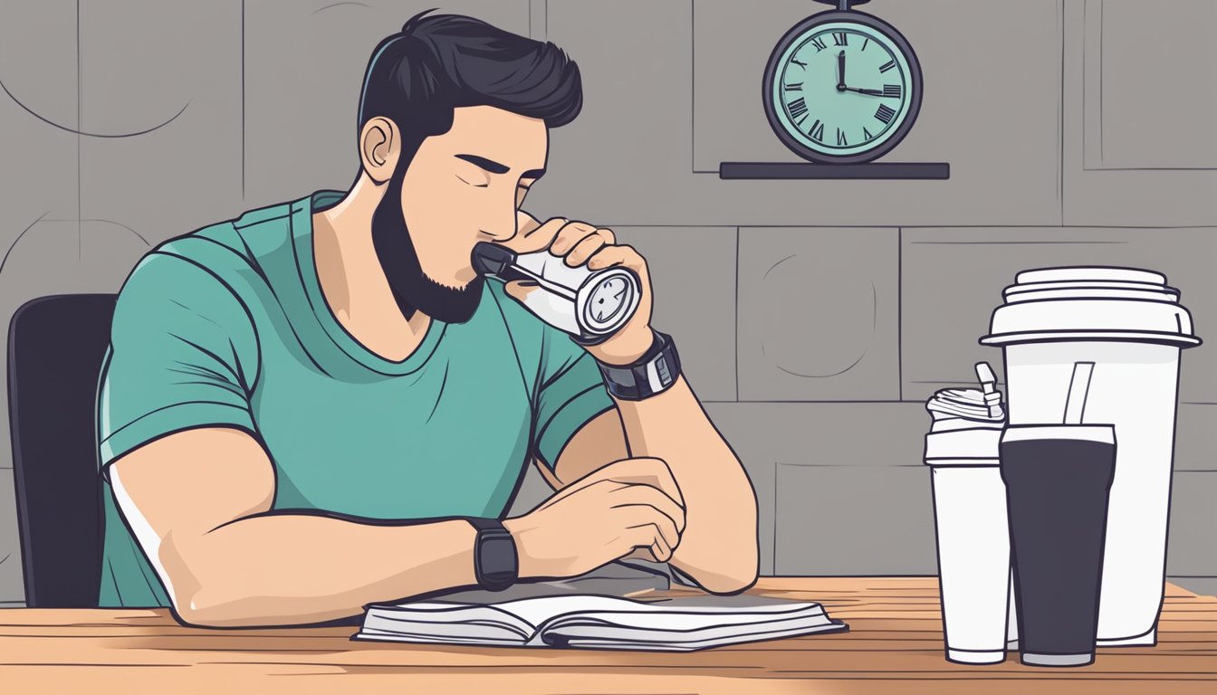 A person drinking a protein shake while sitting at a table with a clock showing the time for intermittent fasting