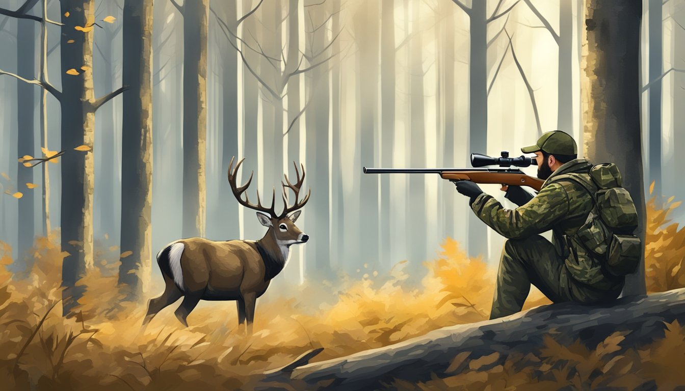 A hunter in camouflage aiming at a deer in a forest clearing during the closing days of deer hunting season