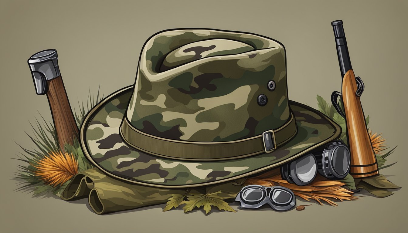 A hunting hat hanging on a wooden rack, surrounded by hunting gear and camouflage clothing. The hat shows signs of wear and tear, with patches of mud and leaves