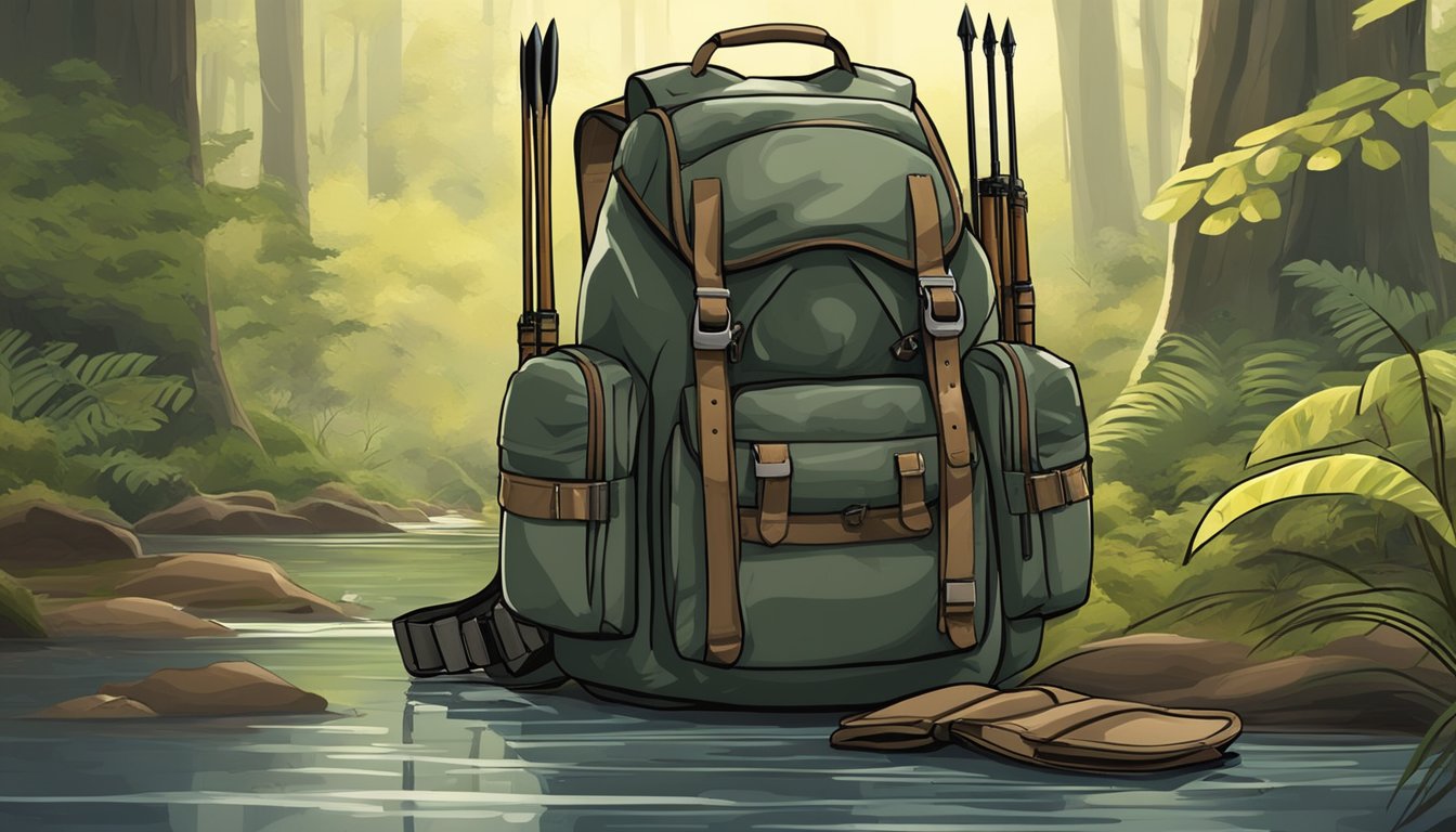 A hunter's backpack sits open, revealing waterproof gear, a bow, and arrows. Rain falls on the forest floor