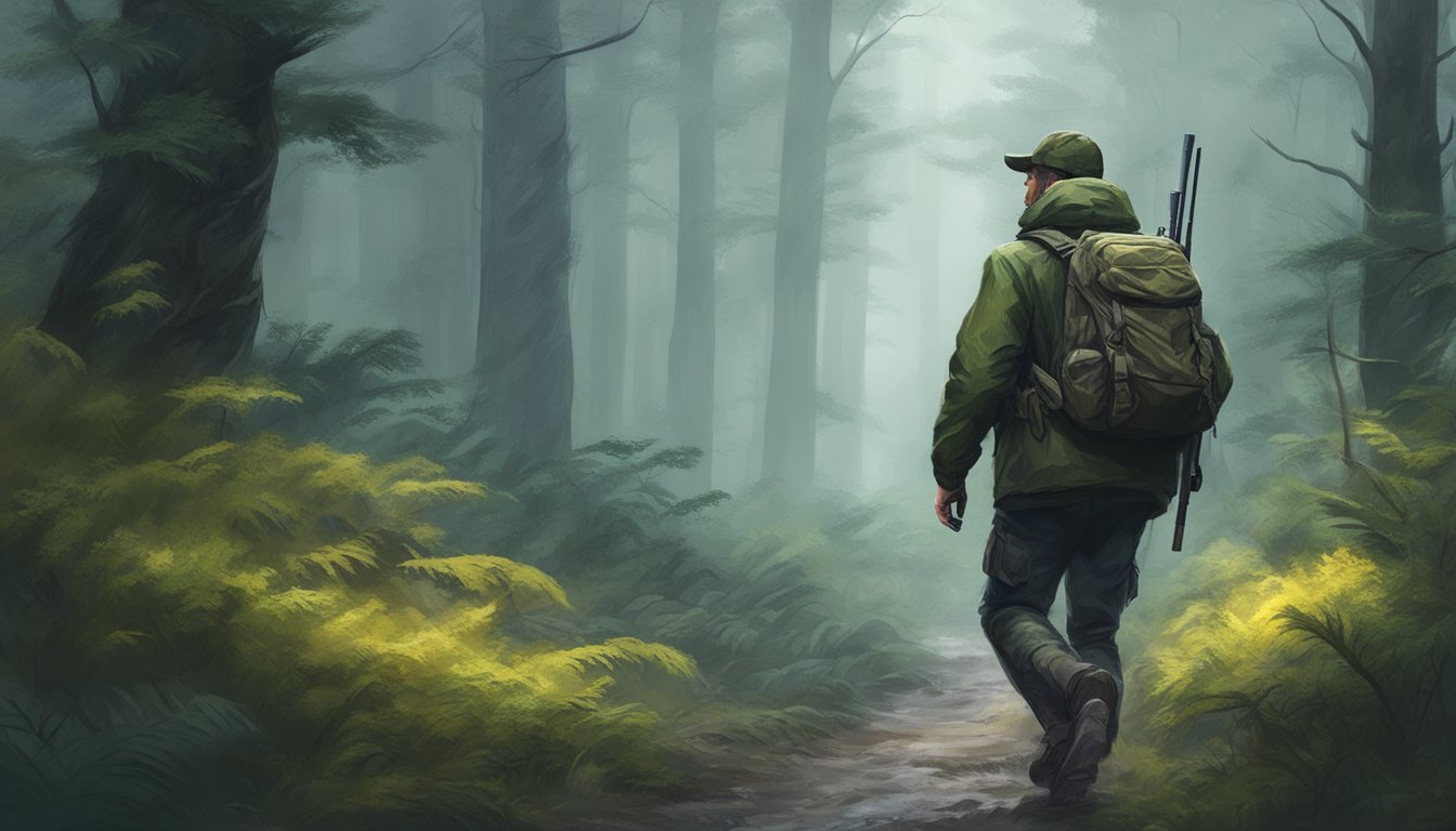 A hunter cautiously navigating through the dense forest in the rain, with slippery terrain and obscured visibility