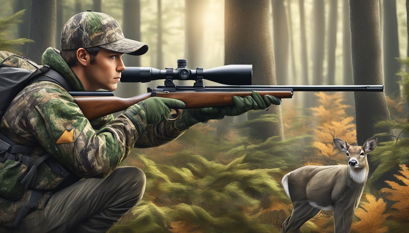 A hunter in camouflage aiming at a deer in a forest clearing, surrounded by hunting gear and magazines