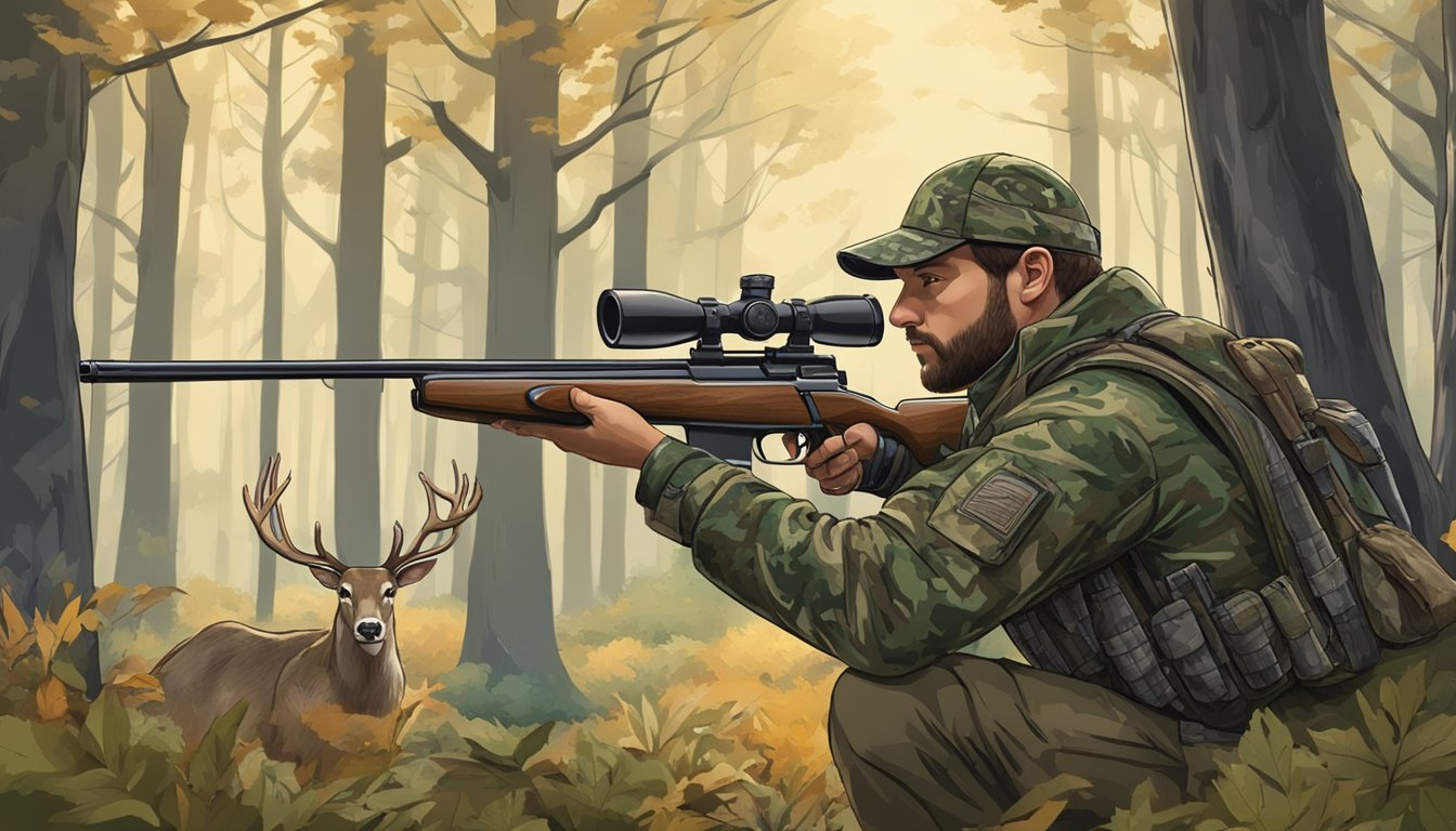 A hunter in camouflage aiming a rifle at a deer in a forest clearing, with trees and foliage in the background