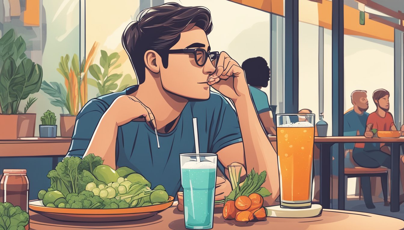 A person sitting at a table with a glass of soda in front of them, looking at it contemplatively while surrounded by healthy food options