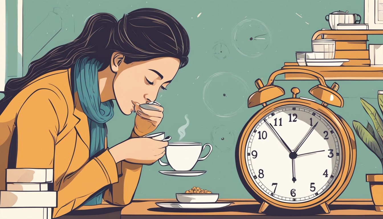 A person sipping tea while looking at a clock showing the time for intermittent fasting