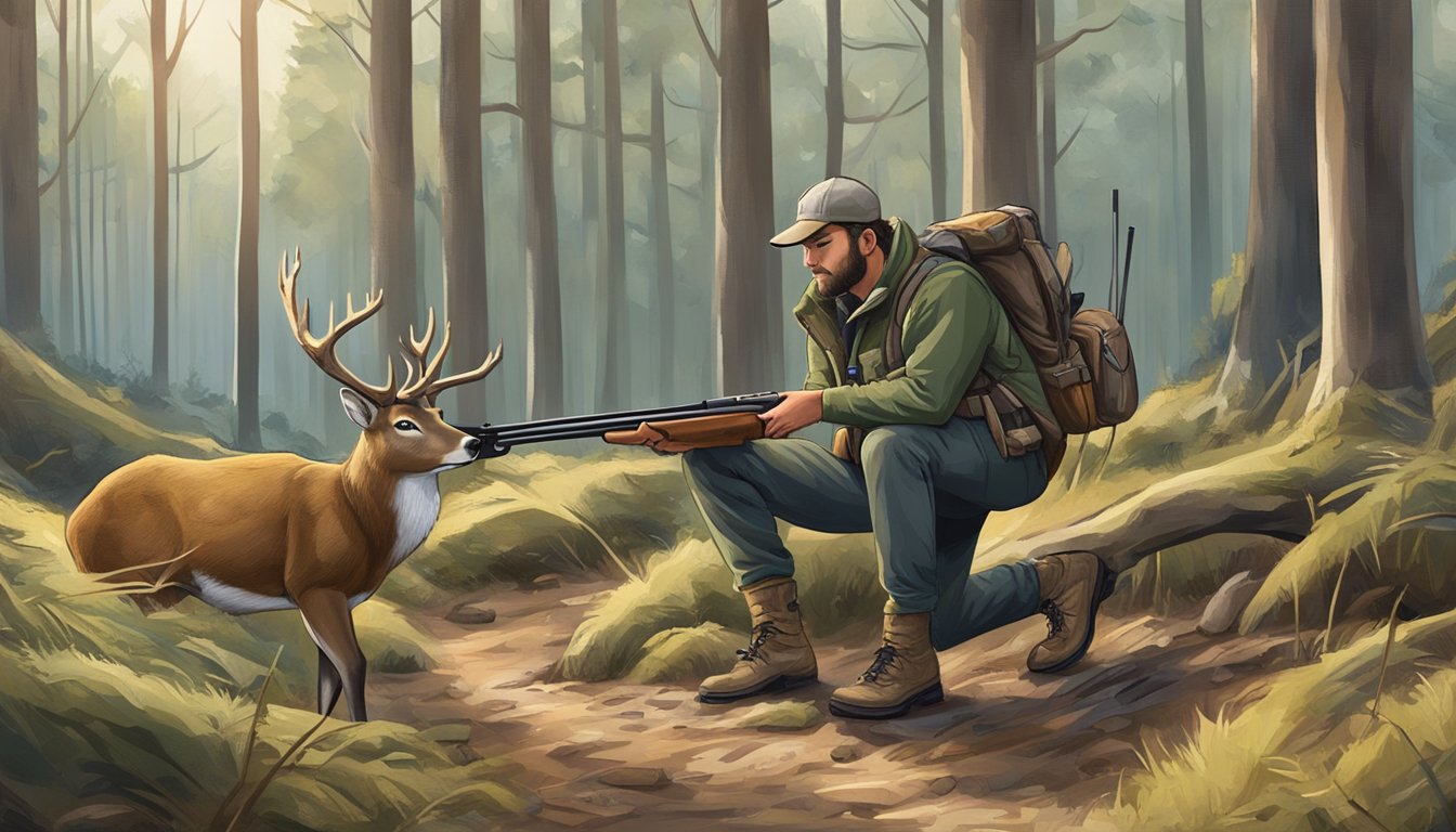 A hunter carefully selects a rifle caliber while respecting ethical hunting practices. The scene is set in a wooded area with a deer in the distance