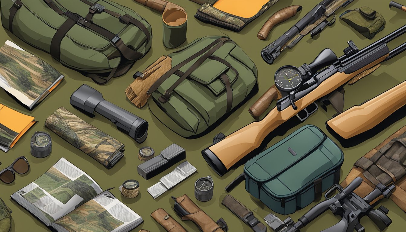 A hunter's gear laid out with rifles, camouflage clothing, and deer hunting magazines