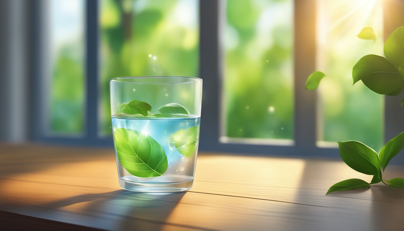 A clear glass filled with water sits on a wooden table, surrounded by a scattering of green leaves and a soft beam of sunlight streaming in from the window