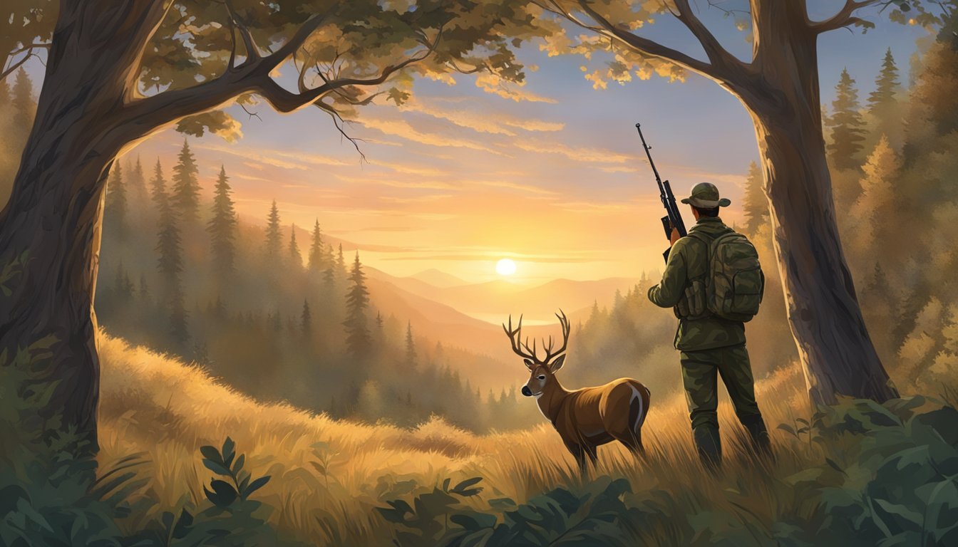 A hunter in camouflage aiming a rifle at a majestic buck in a dense forest clearing, with a backdrop of rolling hills and a sunset sky