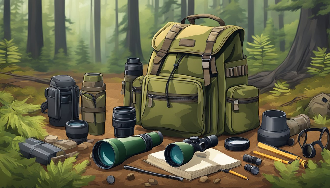 A hunter's backpack with a rifle, binoculars, and camouflage gear laid out on a forest floor