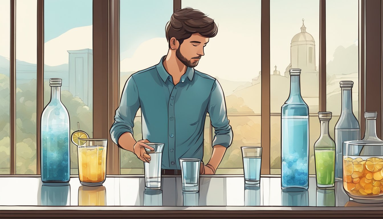 A person standing in front of a table with a variety of beverages, carefully selecting a glass of water during a fasting window