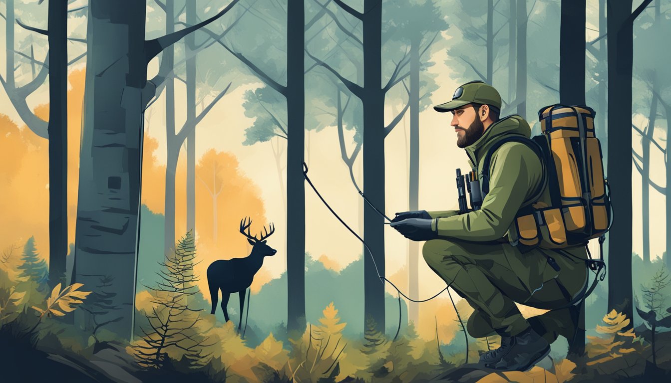 A hunter using high-tech gear to track and hunt deer in a forest