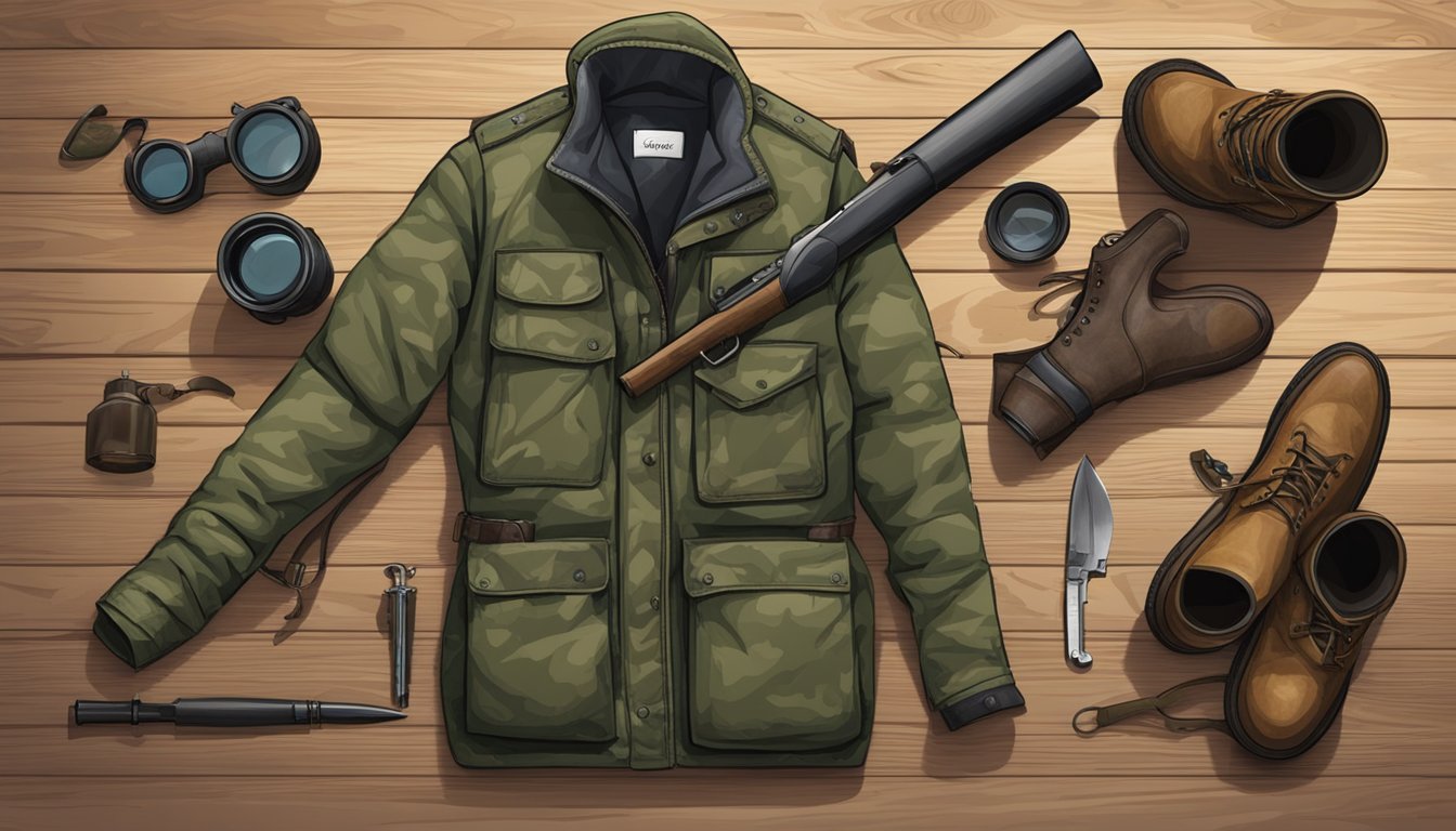 A hunter's camouflaged jacket, boots, and rifle laid out on a wooden table next to a pair of binoculars and a hunting knife