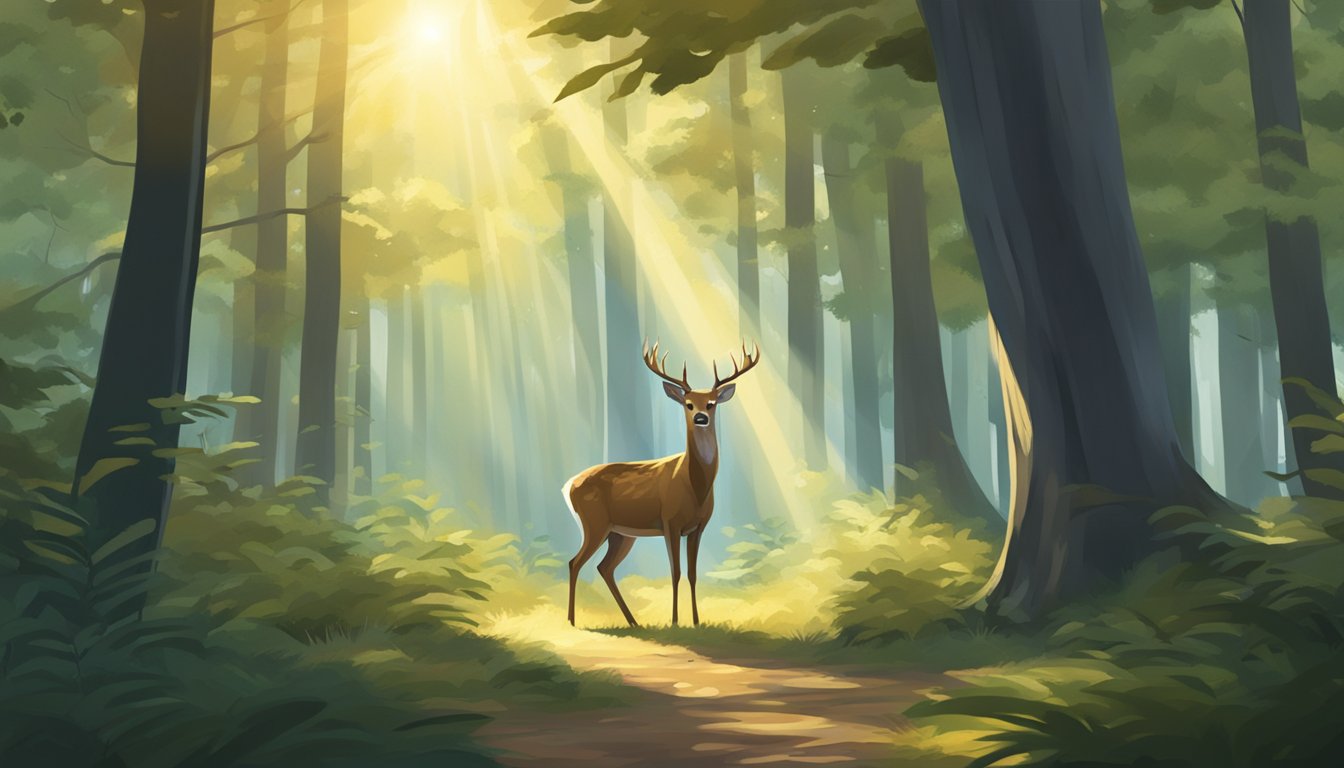 A lone deer standing in a forest clearing, surrounded by tall trees and dappled sunlight filtering through the leaves