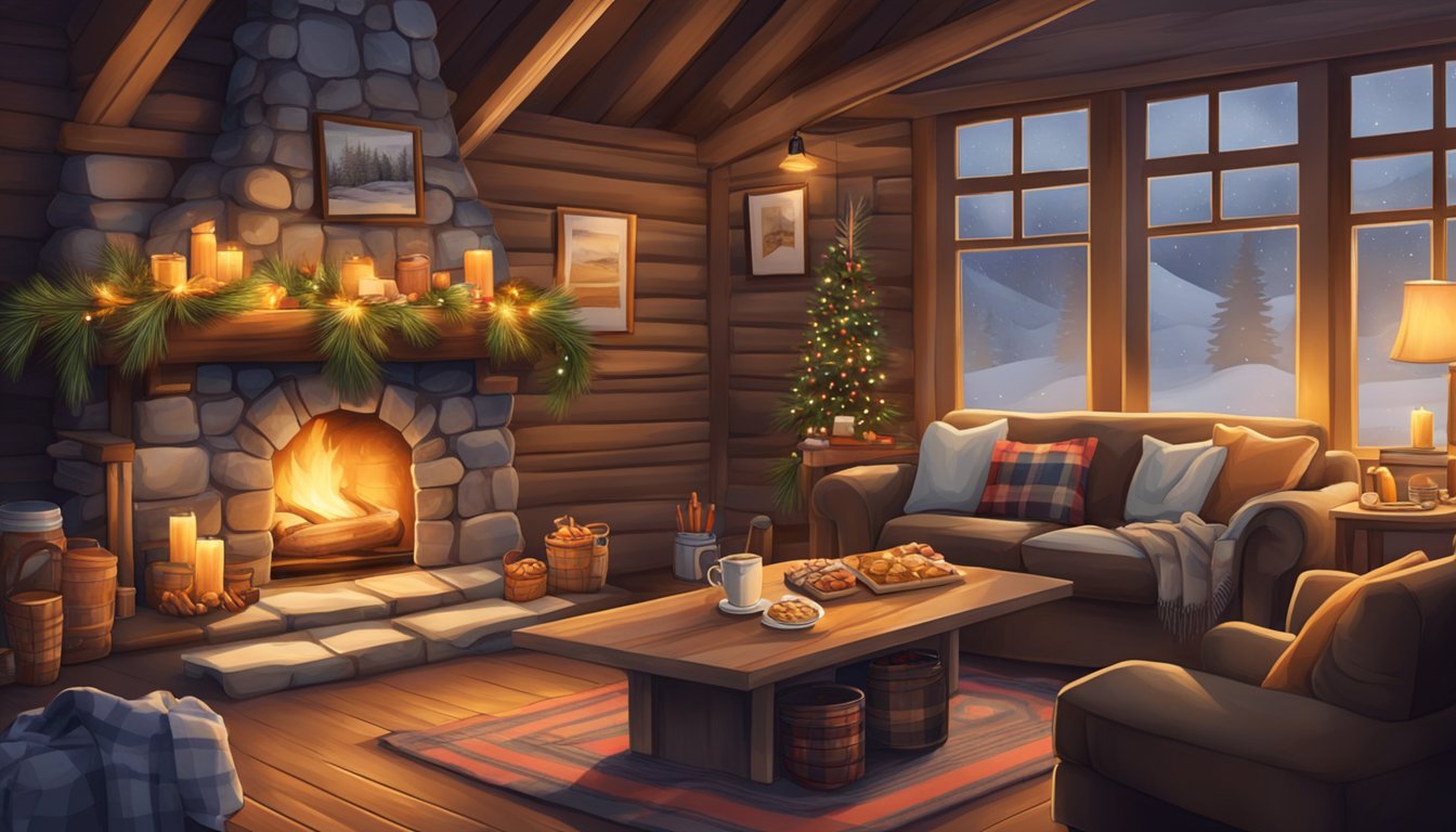 A cozy hunting lodge with a crackling fire, plaid blankets, and a shelf stocked with hot cocoa and snacks