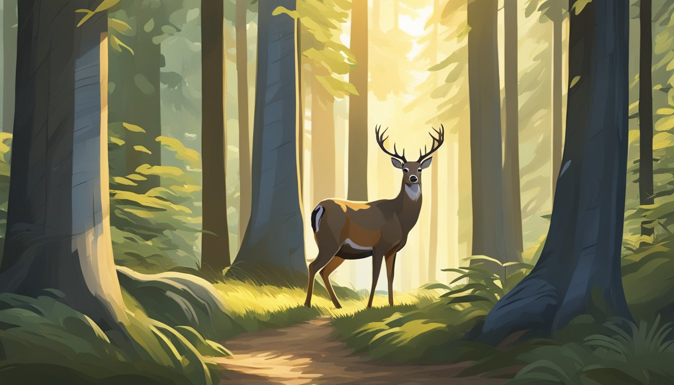 A lone deer stands alert in a sun-dappled forest clearing, surrounded by tall trees and dappled sunlight