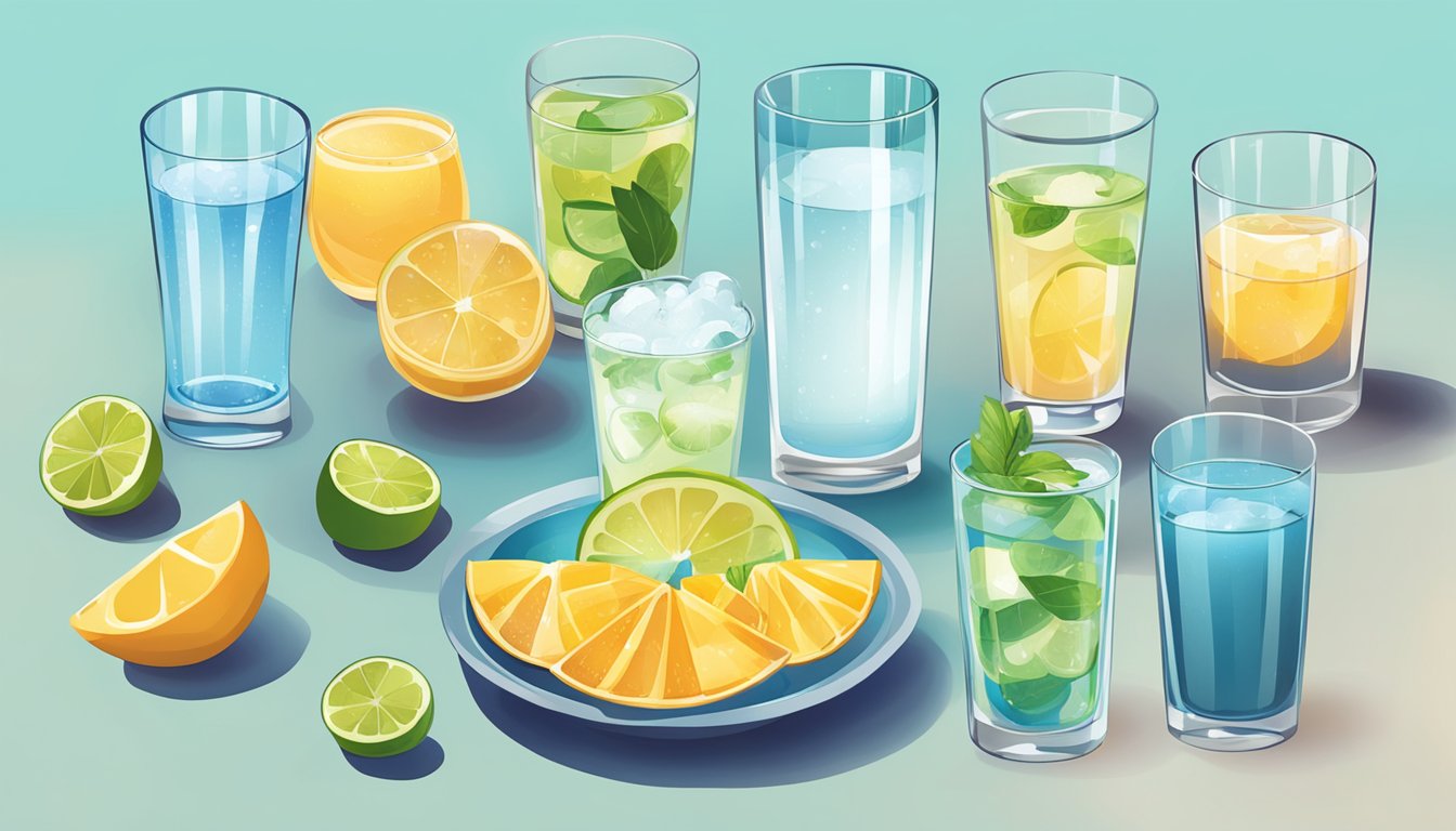 A glass of water sits on a table, surrounded by a variety of beverages to avoid during intermittent fasting