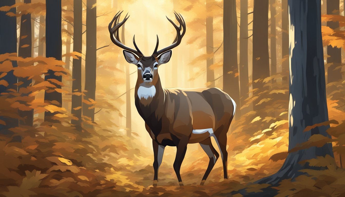 A majestic buck stands in a dense forest, surrounded by tall trees and fallen leaves, with the sun casting a warm glow through the branches