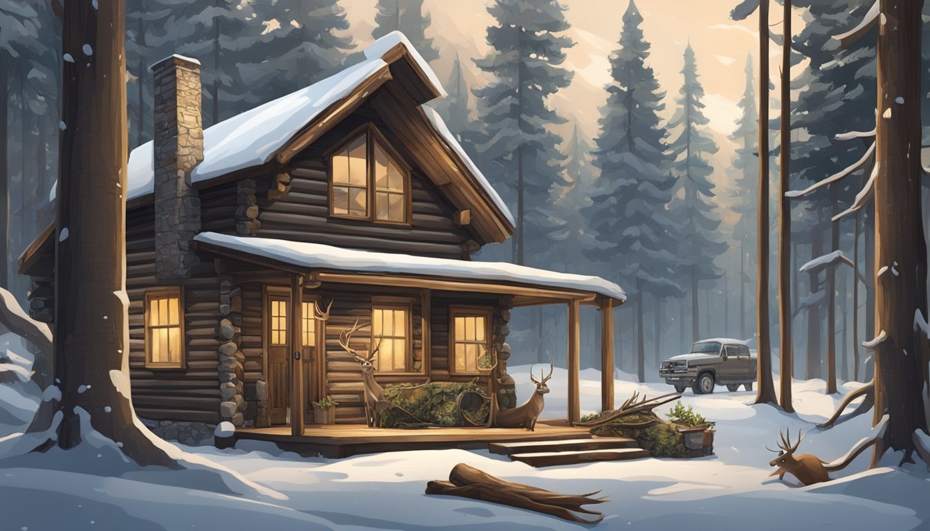 A rustic cabin nestled in a snowy forest, with a hunting rifle and camouflage gear laid out on a wooden table, surrounded by deer antlers and hunting trophies