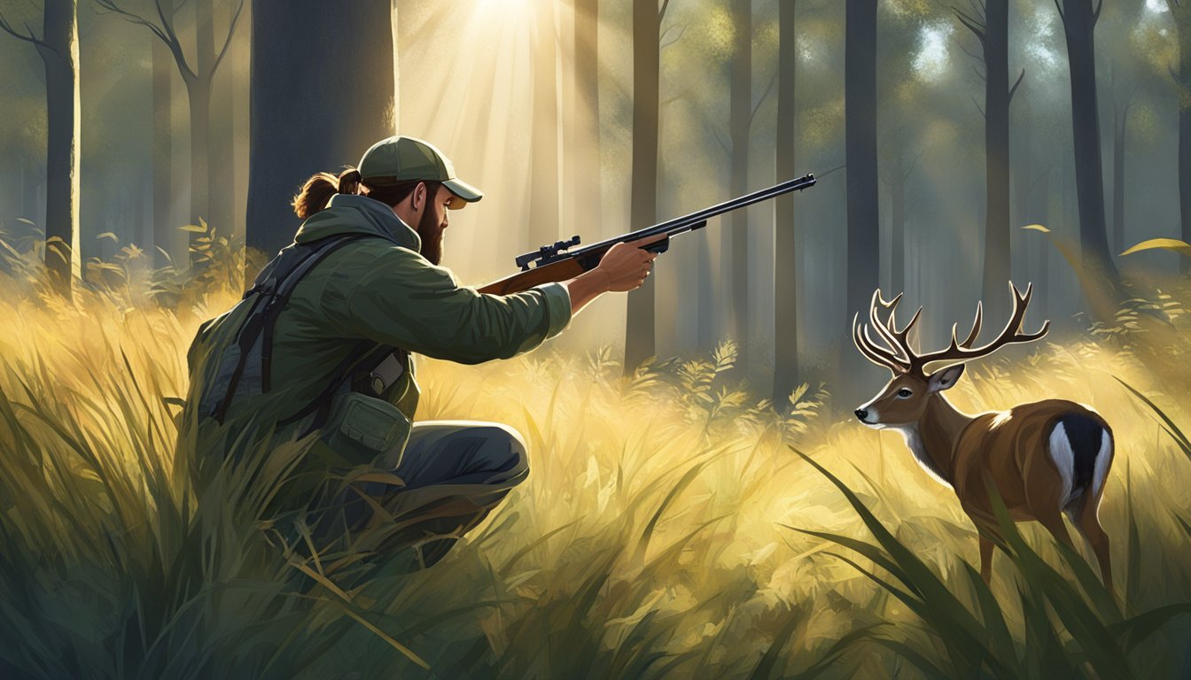 A hunter crouching in tall grass, aiming at a deer in a forest clearing. Sunlight filters through the trees, casting dappled shadows on the ground