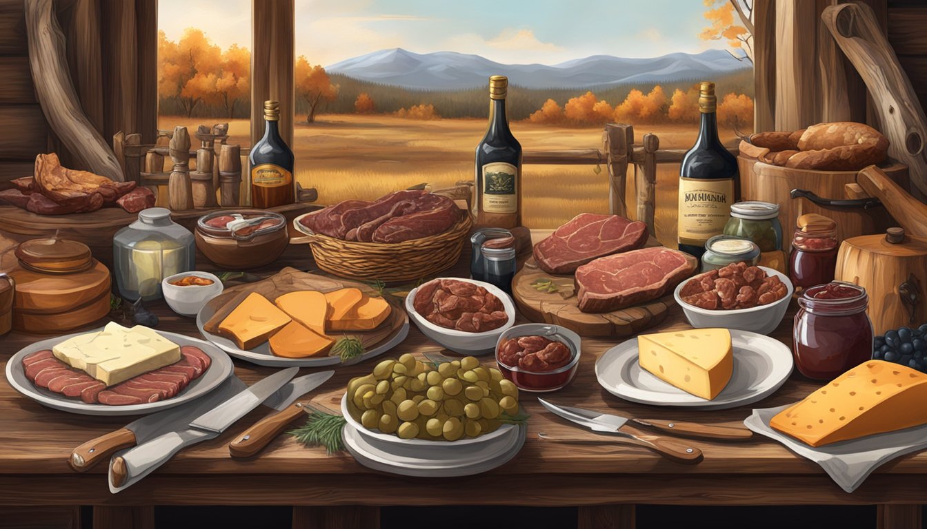 A rustic table adorned with a spread of wild game meats, cheeses, and artisanal preserves, surrounded by hunting gear and trophies