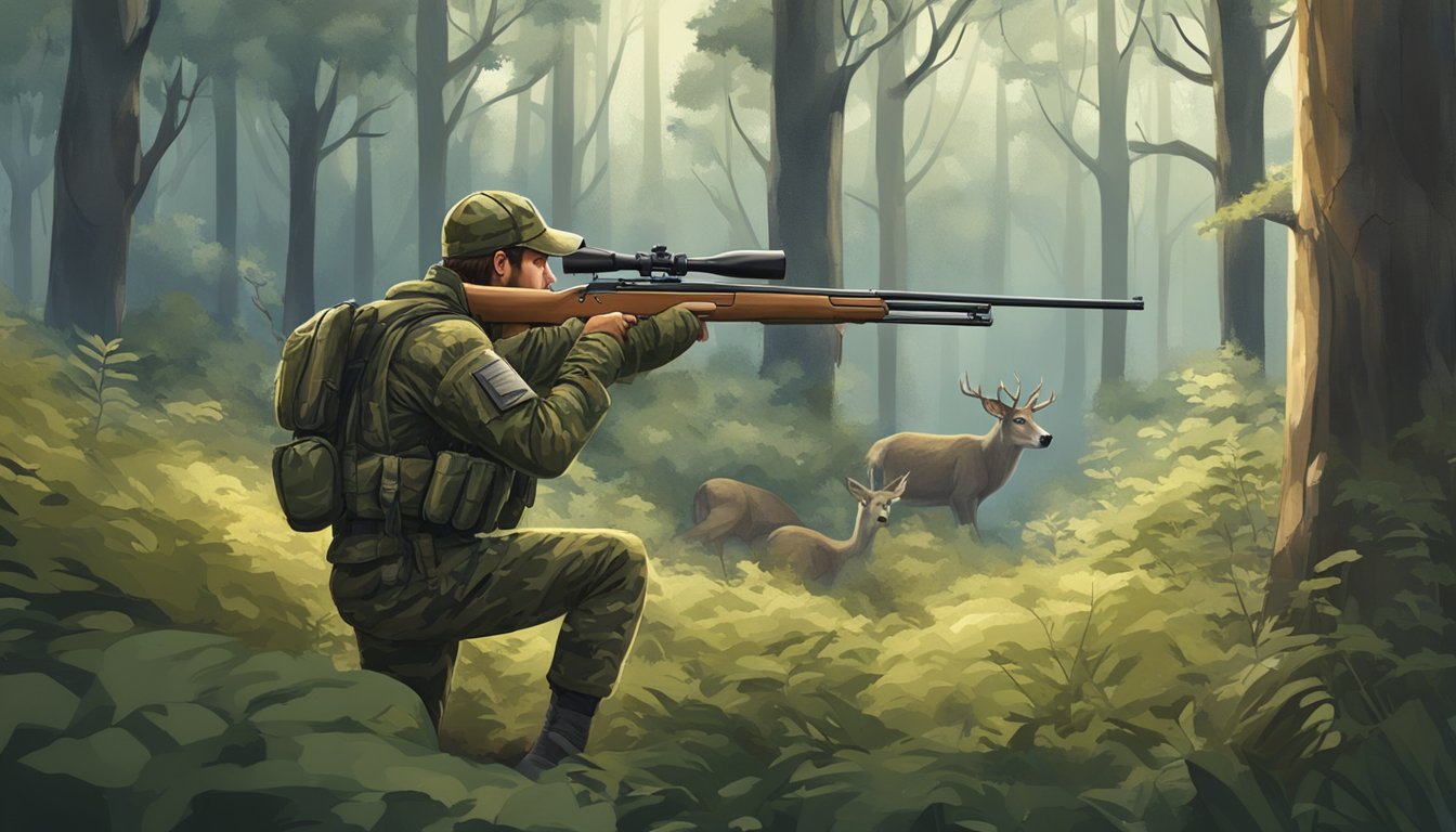 A hunter in camouflage gear aiming at a deer in a forest clearing, with trees and bushes in the background