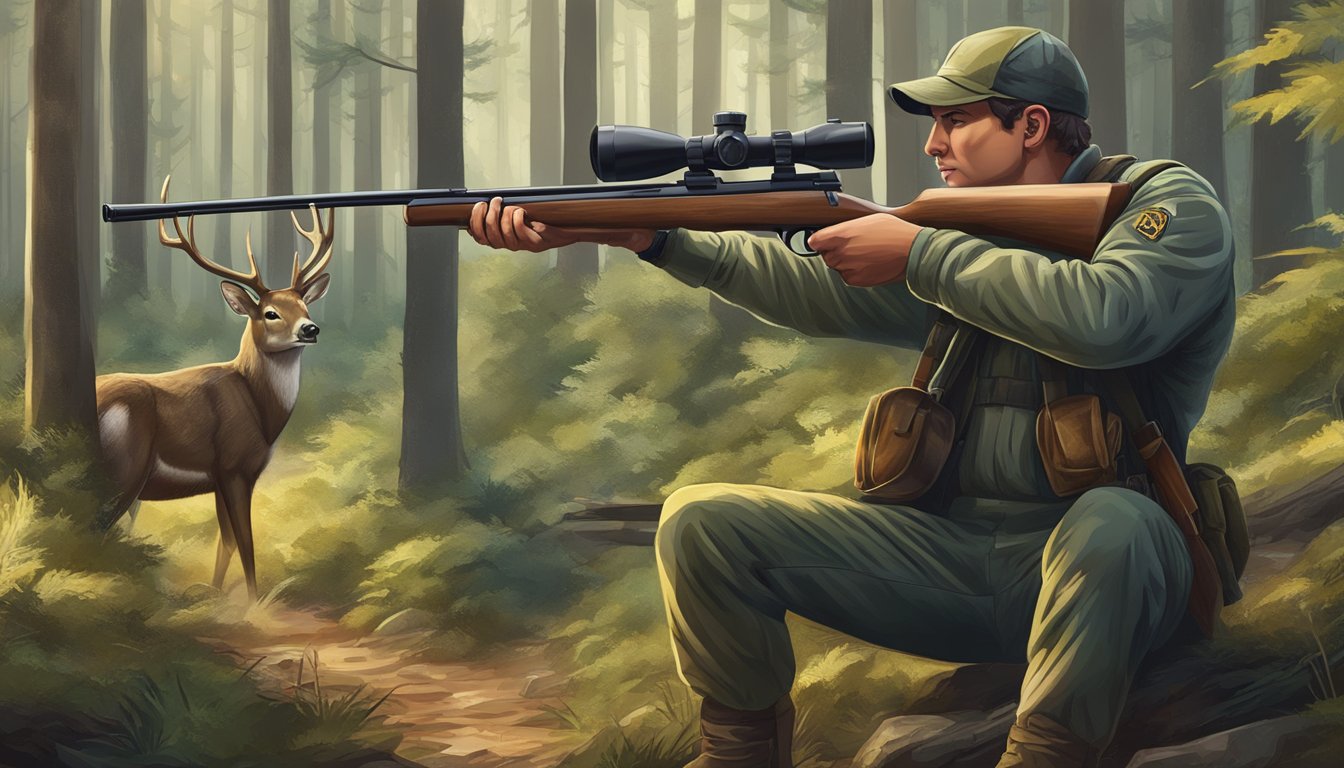 A hunter with a rifle in a forest, aiming at a deer