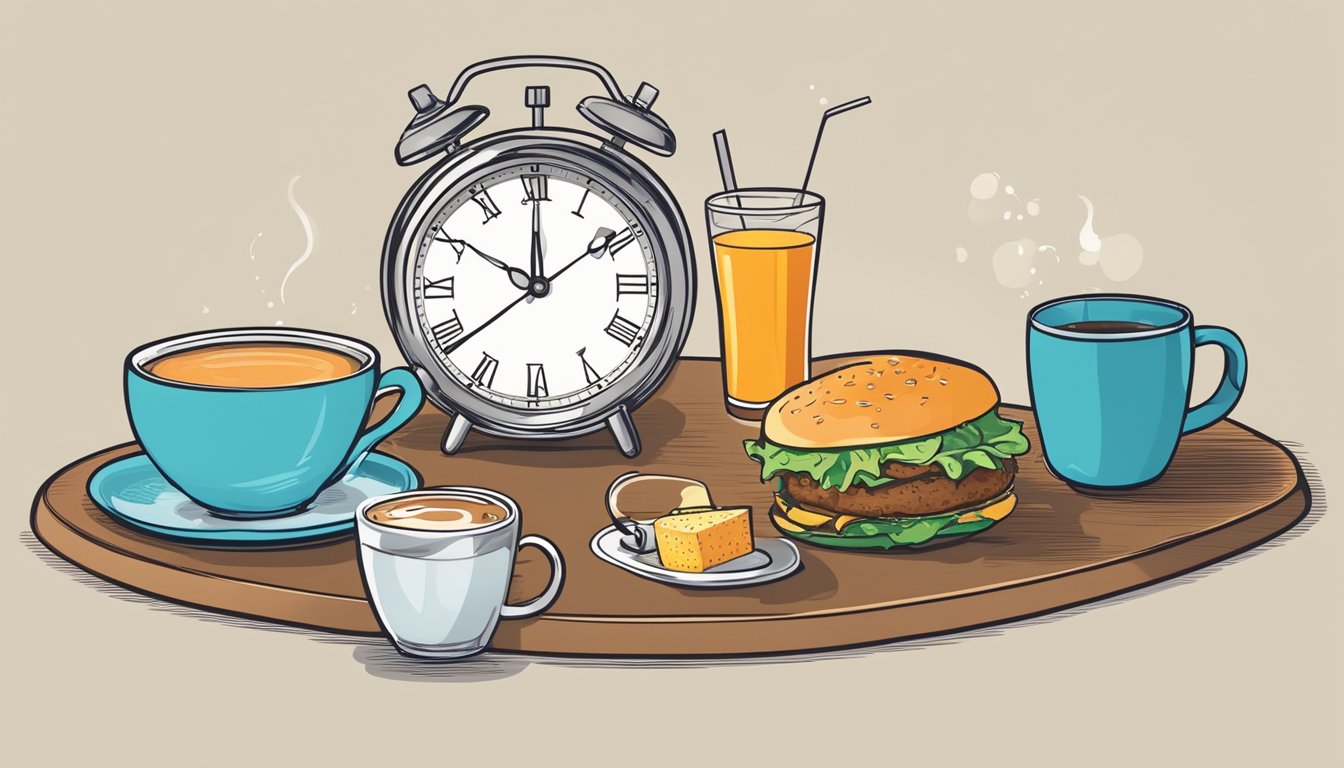 A clock showing the time between meals with a glass of water and a cup of black coffee, surrounded by forbidden drinks like soda and juice