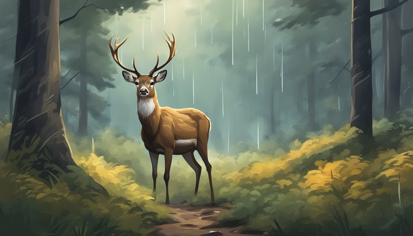 A deer cautiously grazing in a rain-drenched forest, ears perked and eyes alert for potential danger