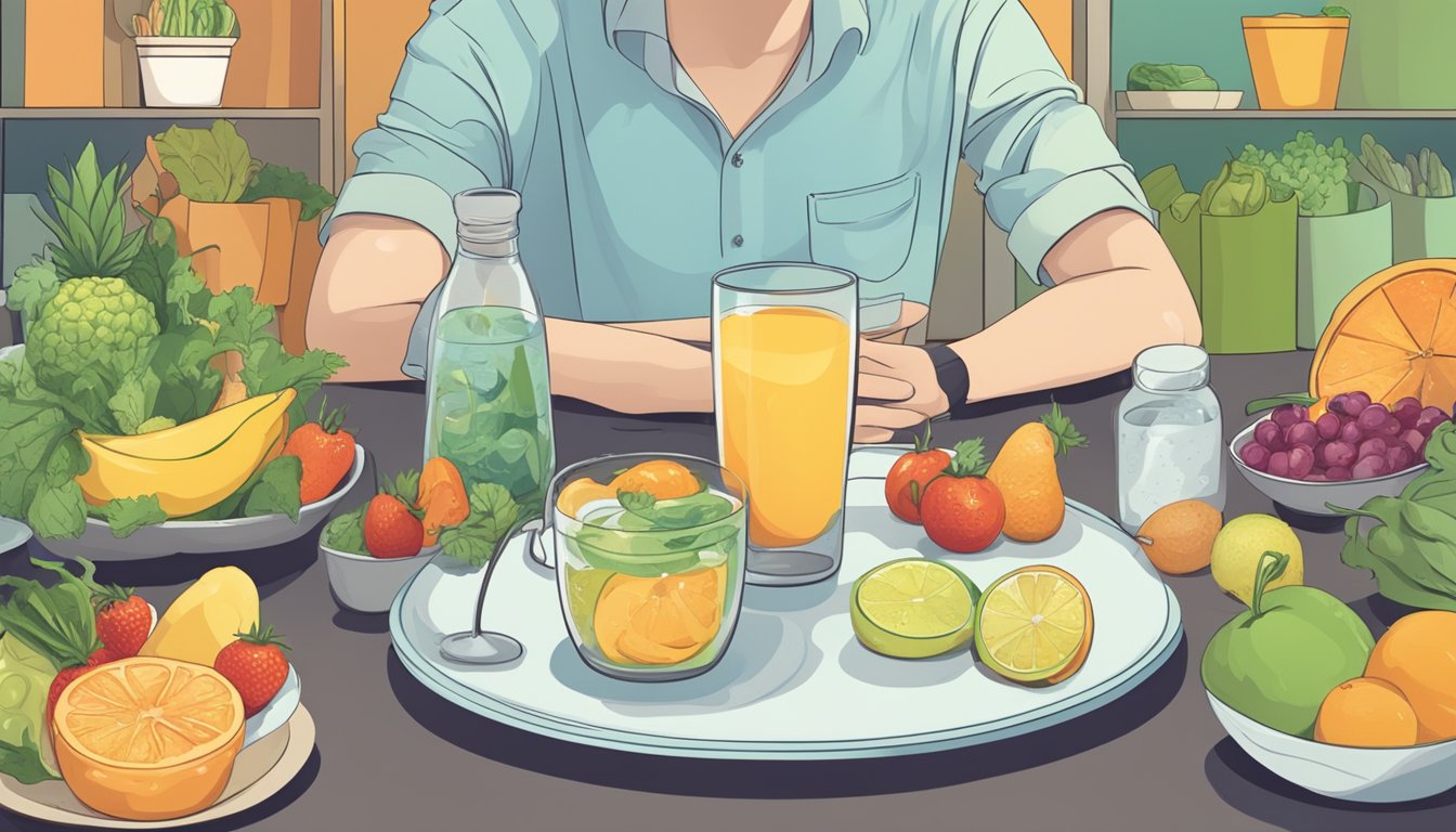 A person sitting at a table with a glass of water and a clock, surrounded by healthy food options