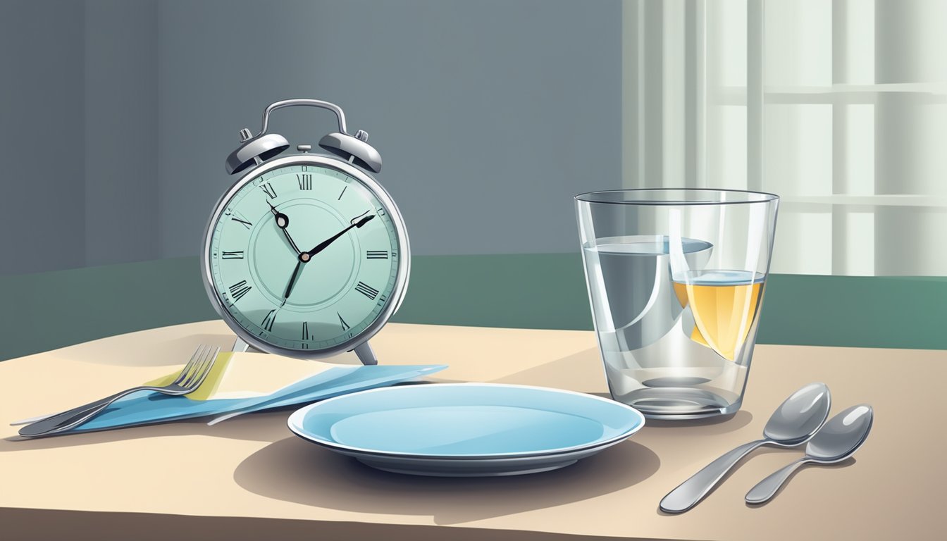 A clock showing 16 hours, a glass of water, and an empty plate on a table