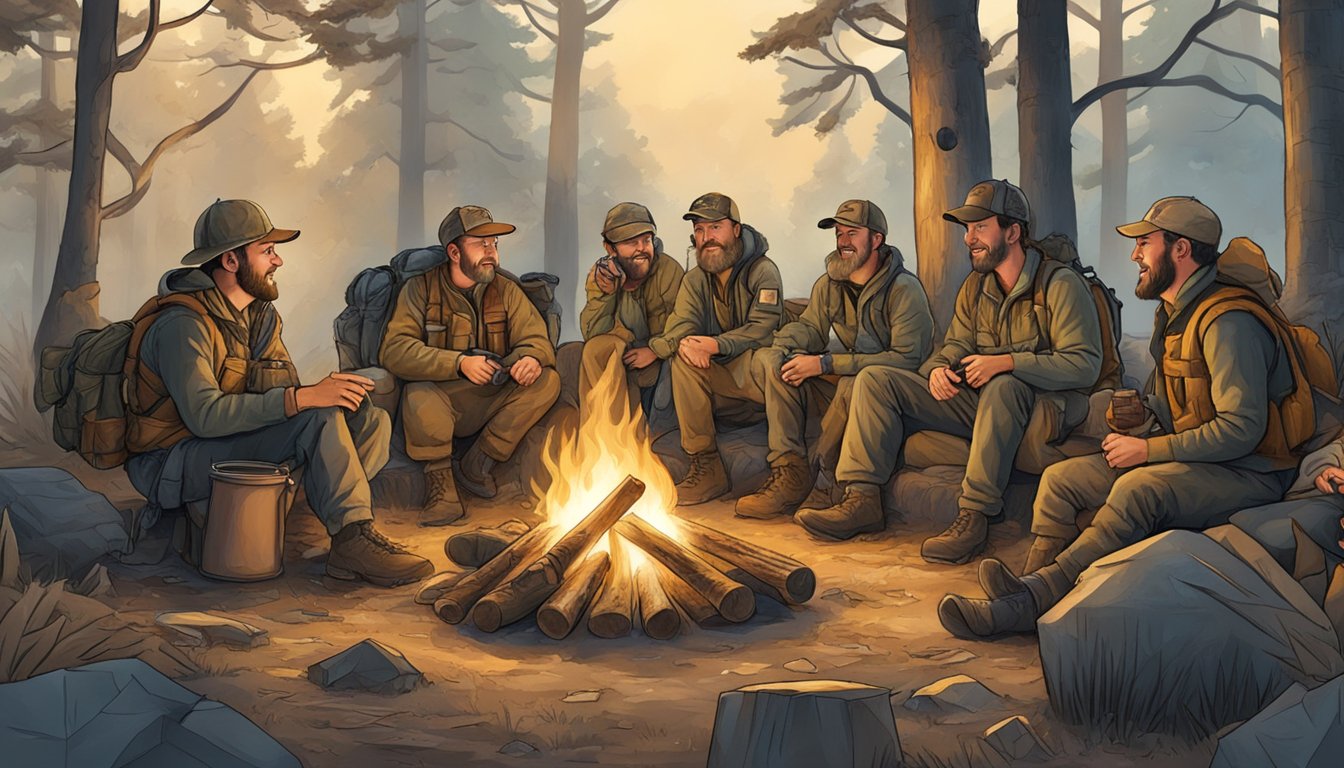 A group of camouflaged hunters gather around a campfire, sharing jokes and laughter while preparing for a deer hunting trip